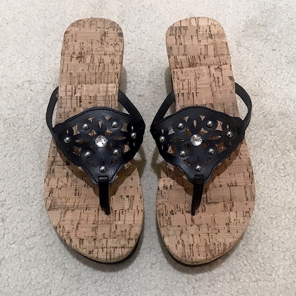 🆕🔥EXPRESS SMALL PLATFORM CORK WEDGES BLACK&BLING SILVER STONES REALLY CUTE!! - Picture 7 of 12